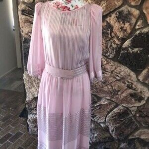Vintage Pink Striped Dress w/ Belt and Slip Size 14